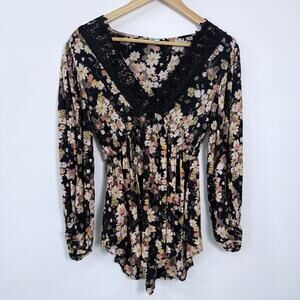Nostalgia Babydoll Top Womens Size S Dark Floral Empire Waist Peasant‎ Cottage